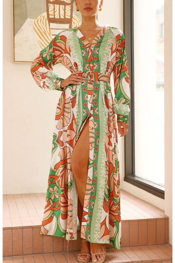 Solmira™ | Herbst Maxi Kleid Orange/Grün