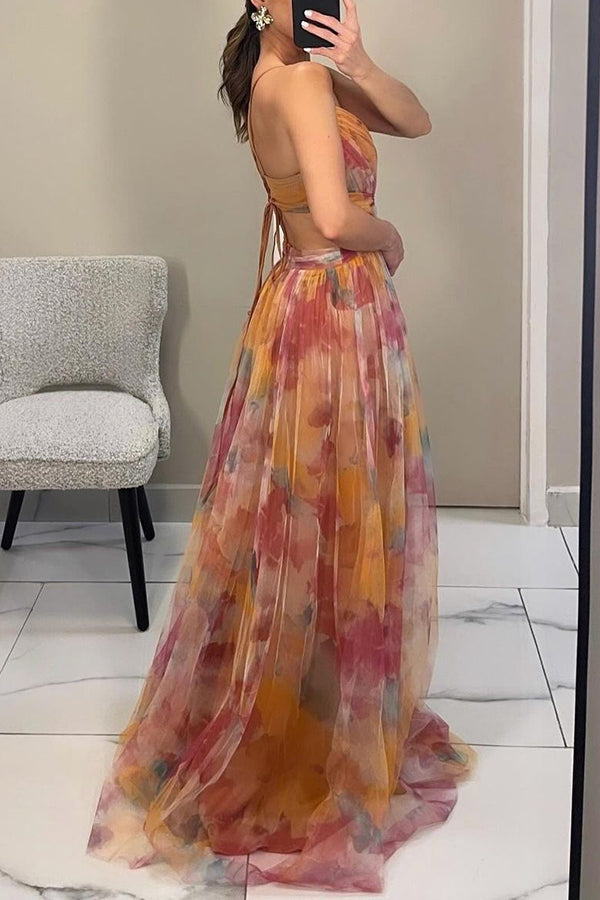 50% RABATT | Everly | Elegantes bedrucktes Spitzen-Maxikleid