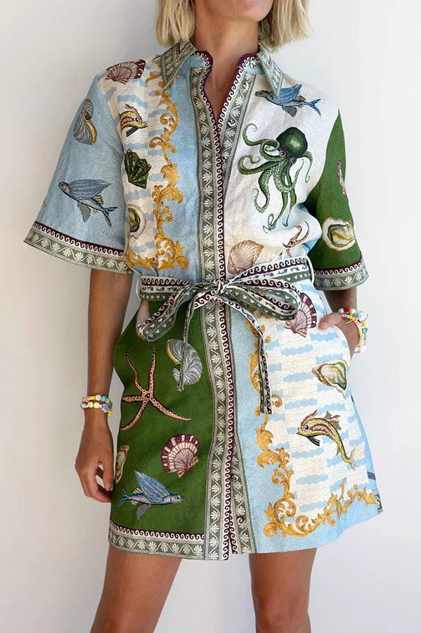 50% RABATT | TropiMuse™ | Deep Sea Leinenkleid mit Print & Taschen
