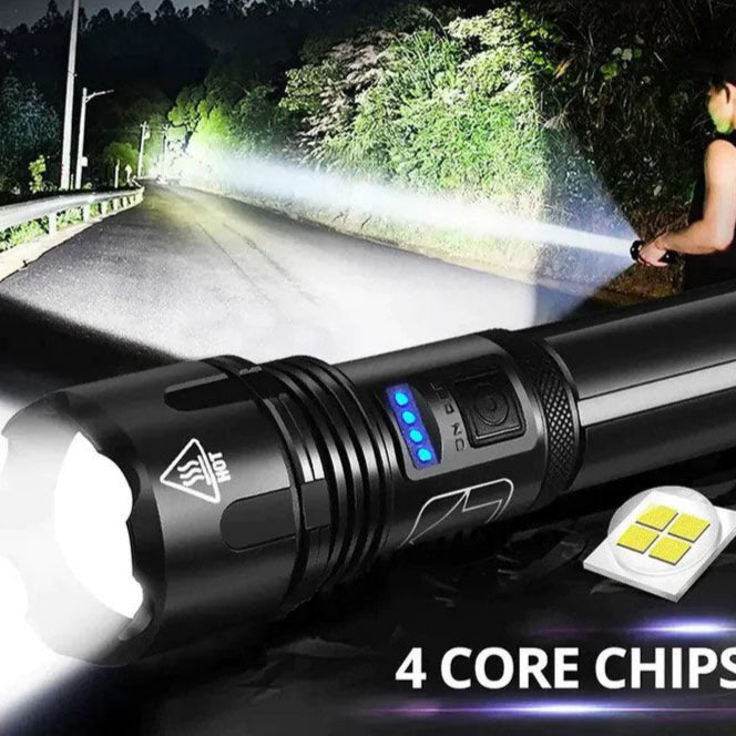Ultrahelle LED Taschenlampe wiederaufladbar mit 4 Core Chips, wasserdichte taktische Taschenlampe für Outdoor, Camping, Wandern und Notfälle