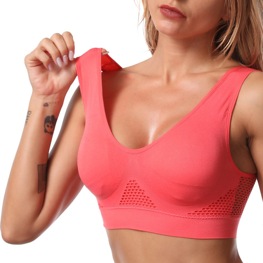 Beiger atmungsaktiver Sport-BH mit Mesh-Rücken für Damen, schweißableitend und bequem