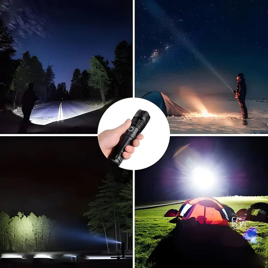 Ultrahelle LED Taschenlampe wiederaufladbar mit 4 Core Chips, wasserdichte taktische Taschenlampe für Outdoor, Camping, Wandern und Notfälle