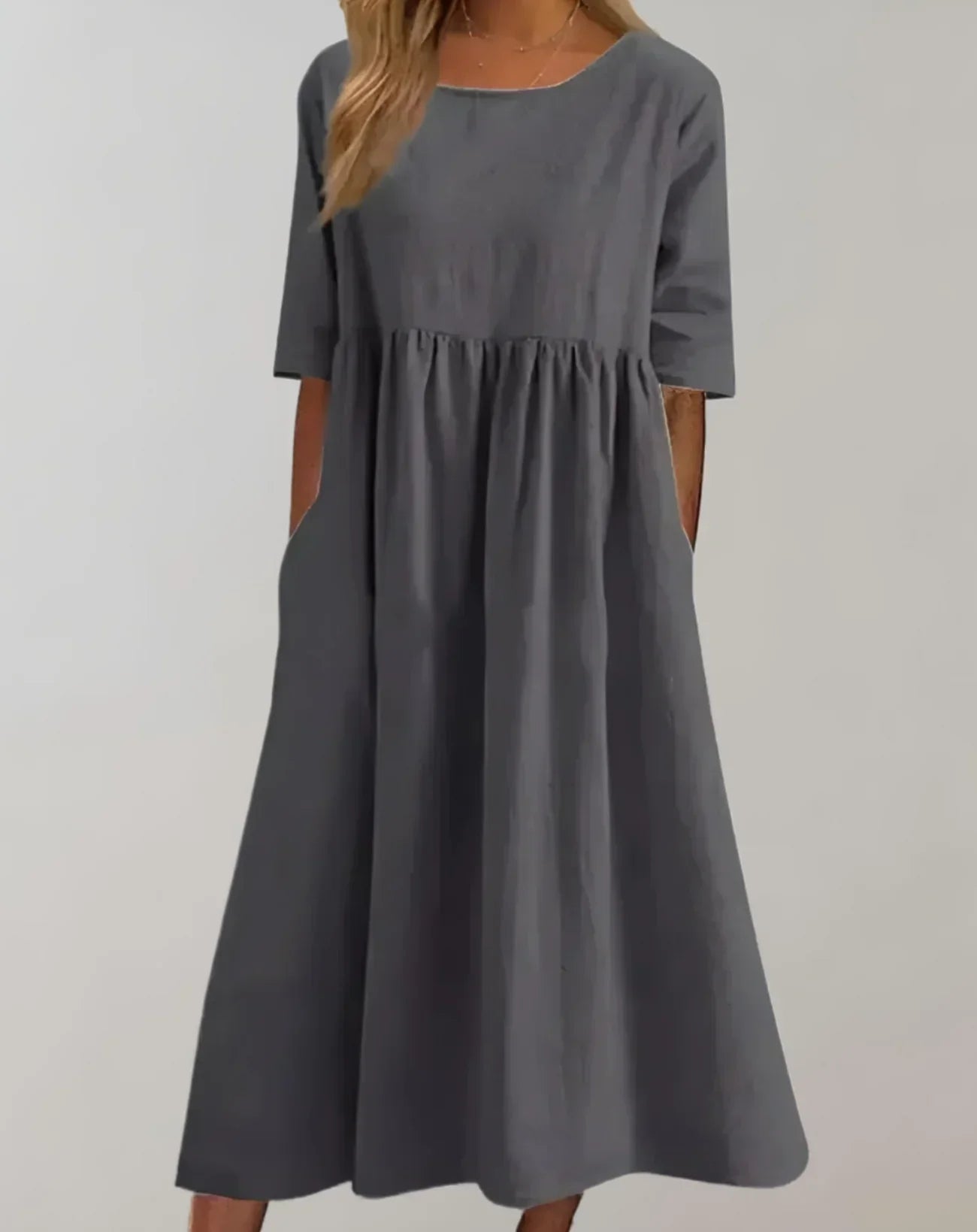 Sommerkleid Damen weiß, lockeres Midikleid mit halblangen Ärmeln und Seitentaschen, elegantes A-Linien Kleid für Freizeit und Urlaub
