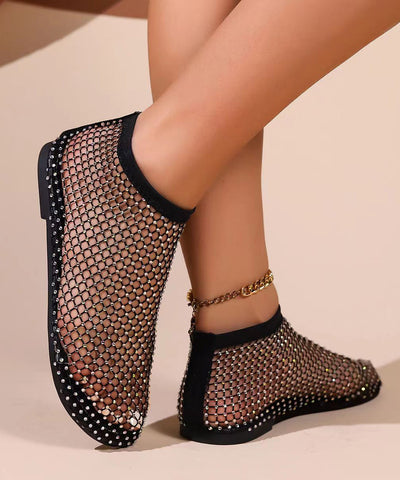 50% RABATT | Glimmara™ | Schwarz Hollow Out Zirkon Flache Sandalen Atmungsaktiv Mesh 2025 Neu