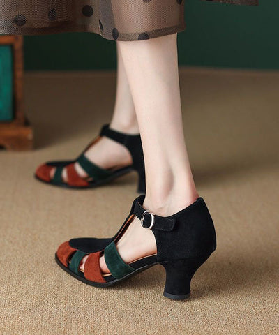 50% RABATT | Strapure™ | Schwarze Sandalen mit klobigem Absatz aus Wildleder Elegante Spleißung Schnallenriemen