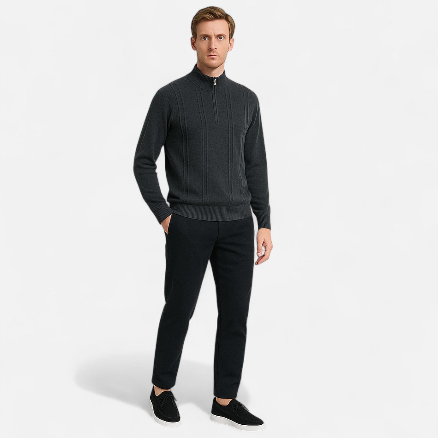 Men's Ribbed Half-Zip Cashmere - 100% Pure Cashmere, Discreet Luxury in Motion