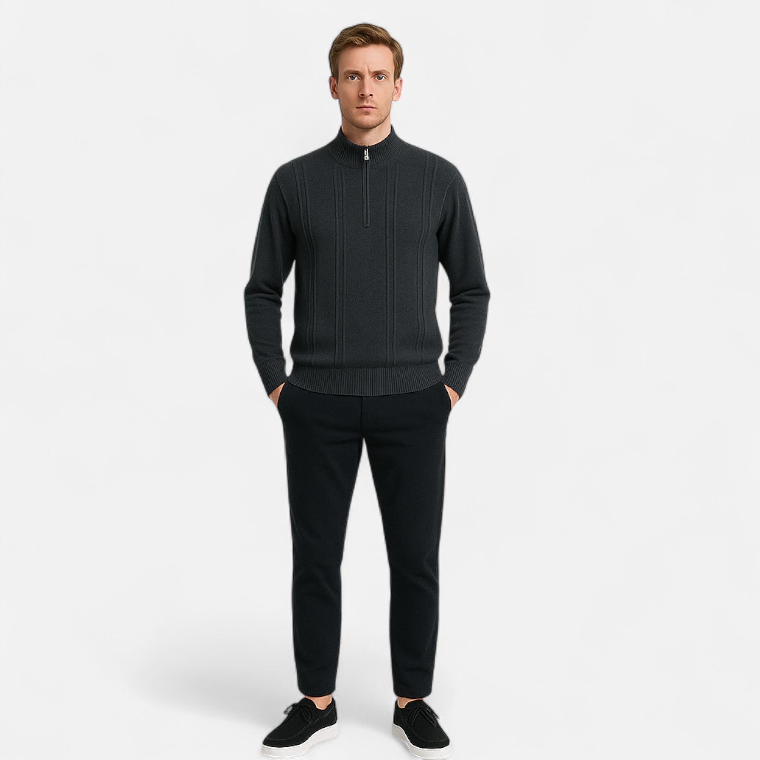 Men's Ribbed Half-Zip Cashmere - 100% Pure Cashmere, Discreet Luxury in Motion