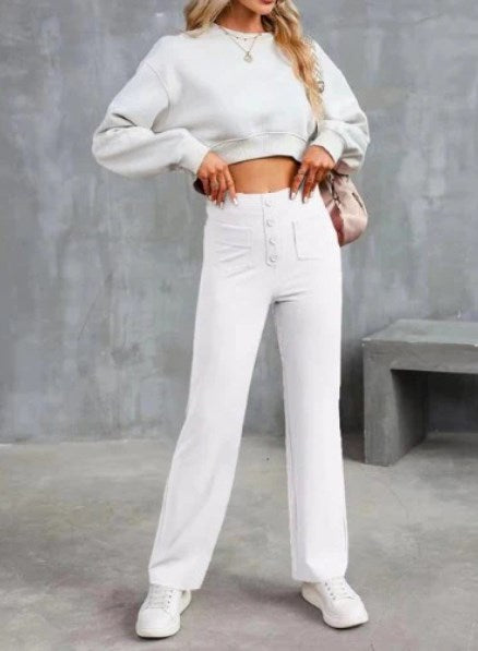 Damen High Waist Hose in Weiß, elegante weite Stoffhose mit Knopfleiste, trendige High Waist Pants für Alltag, Büro und Freizeit
