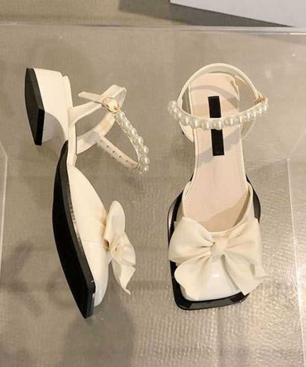 Khakessa™ | Mode Nagel Perle Schleife Spleißen klobige Sandalen Khaki Kunstleder