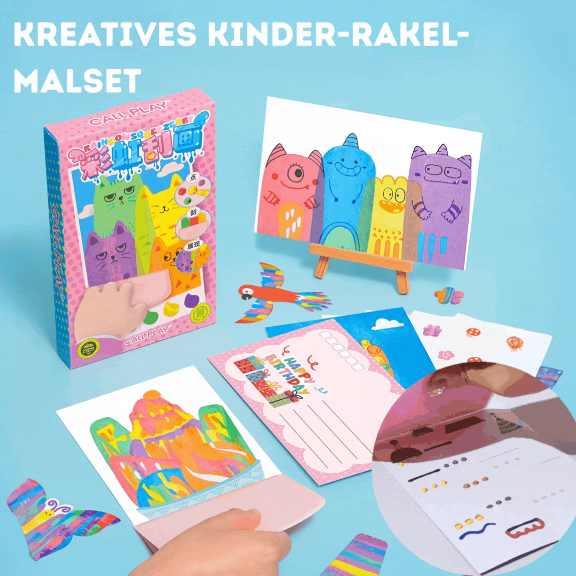 Kreatives Kinder-Rakel-Malset mit bunten Vorlagenkarten und Rakel-Stift für spielerisches Freikratzen und Malen.
