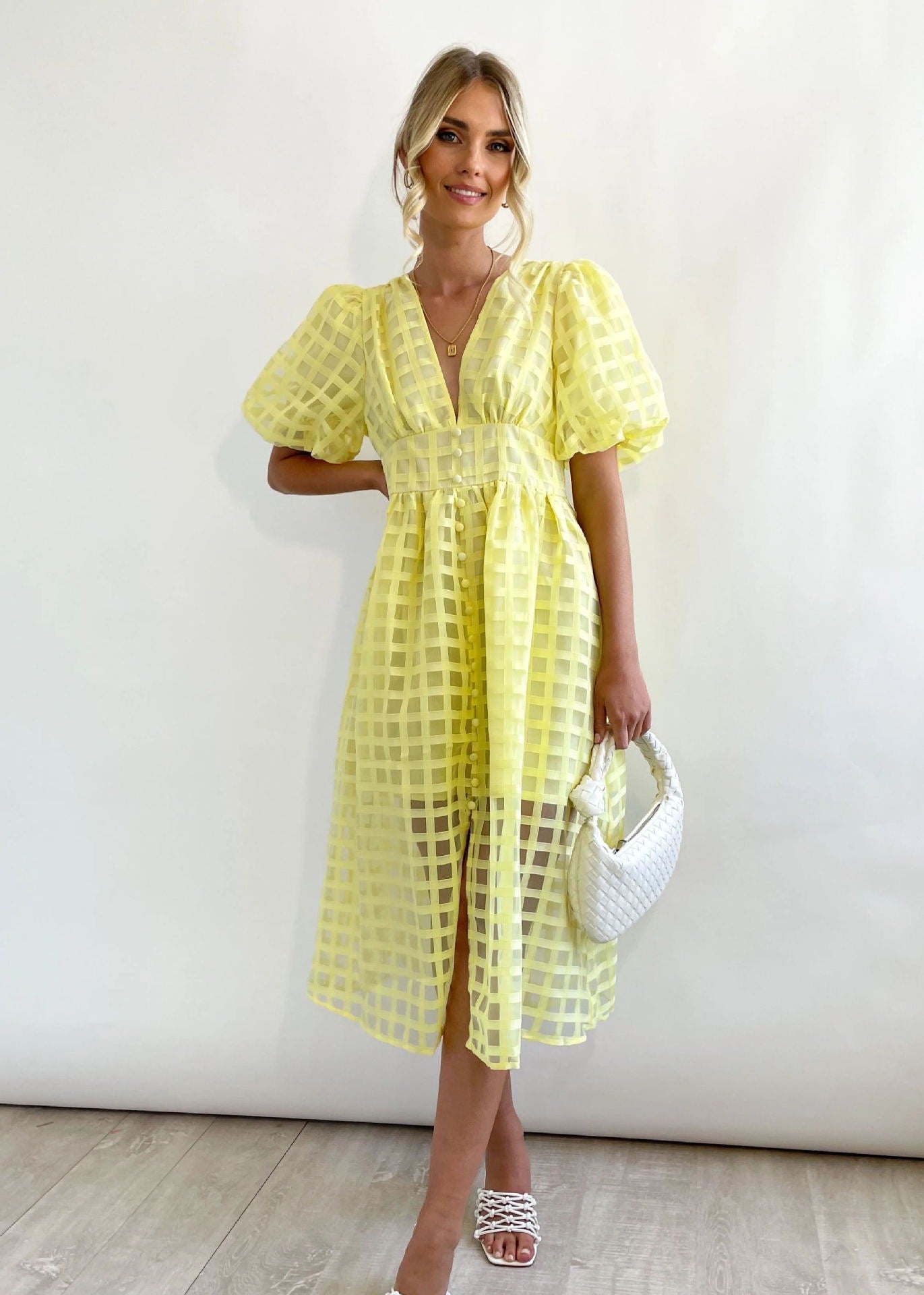 50% RABATT | ZERA™ | MIDI-KLEID MIT MUSTERIGEM STOFF UND PUFFÄRMEN