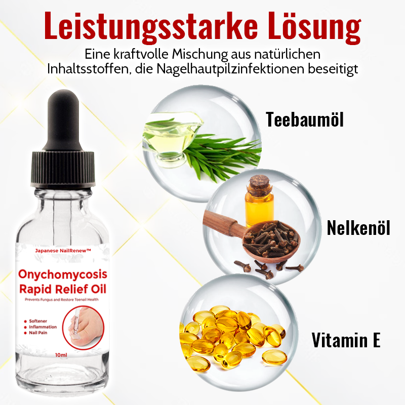 Fläschchen „Onychomycosis Rapid Relief Oil“ mit Teebaumöl-, Nelkenöl- und weiteren Wirkstoff-Blasen zur Behandlung von Nagelpilz.