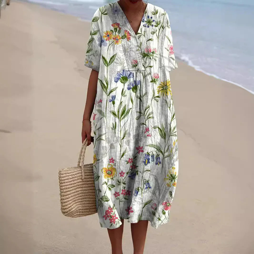 Sommerkleid Damen mit buntem Blumendruck, lockeres Midikleid mit kurzen Ärmeln und V-Ausschnitt, Strandkleid für Urlaub und Freizeit