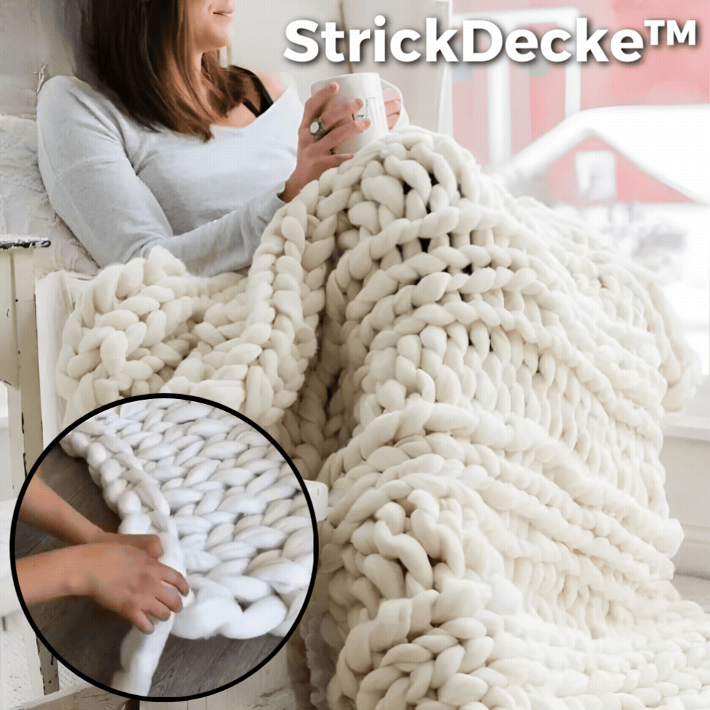 StrickDecke™ – große handgestrickte Chunky Knit Decke in Cremeweiß, weiche und warme Wohndecke für Sofa und Schlafzimmer