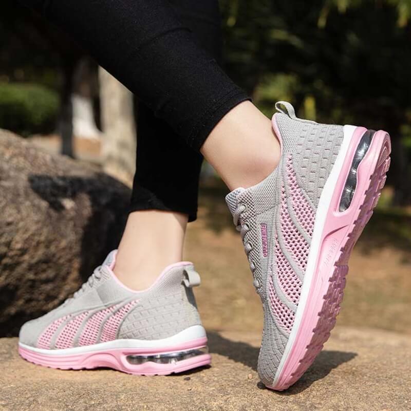 Damen Sneaker grau mit rosa Sohle – atmungsaktive Sportschuhe mit Luftpolster, bequeme Laufschuhe für Fitness, Joggen und Alltag