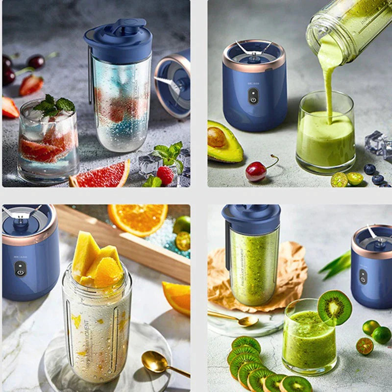 Elektrischer Smoothie-Mixer mit tragbarem Trinkbecher, gefüllt mit frischem Orangensaft, auf dunklem Hintergrund