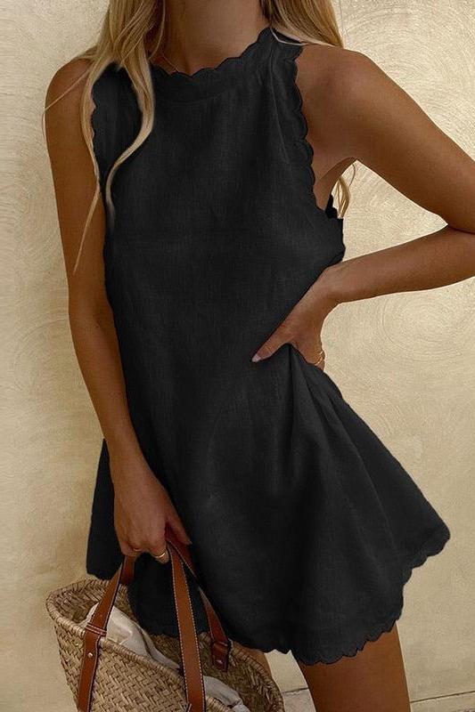 Sommer Minikleid Damen in Hellblau, ärmelloses A-Linien Kleid mit Muschelkanten, elegantes Strandkleid für Urlaub, Freizeit und heiße Tage