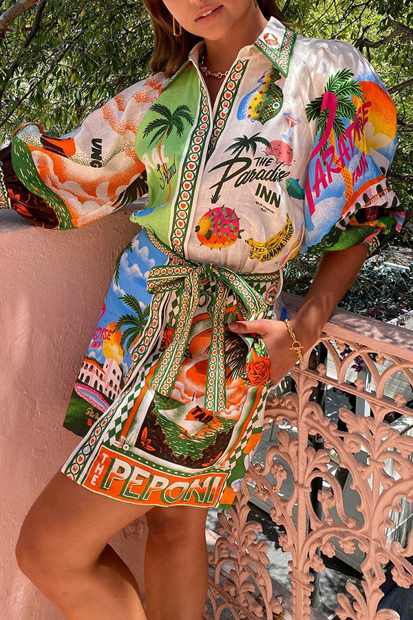 SirenaPop™ | Sommer Leinenkleid mit Gürtel & Print