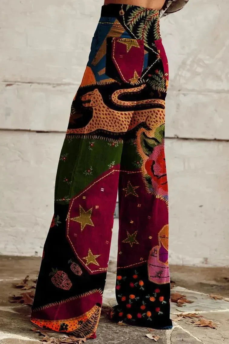 Boho Damen Schlaghose mit buntem Tier und Stern Muster Vintage Style