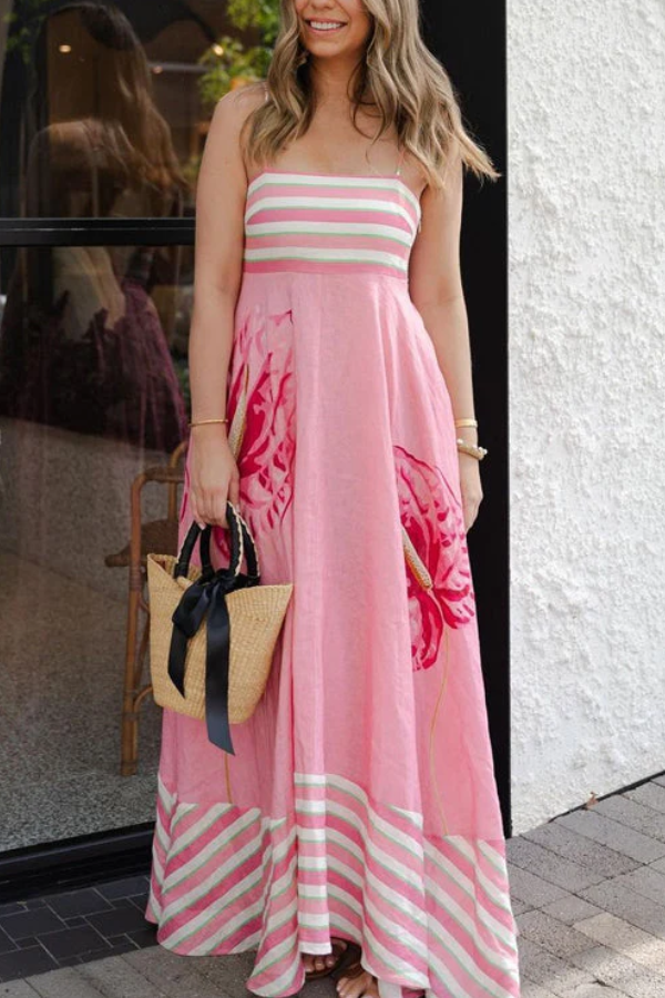 Bloomari™ | Rückenfreies Streifen-Blumen Maxi Trägerkleid