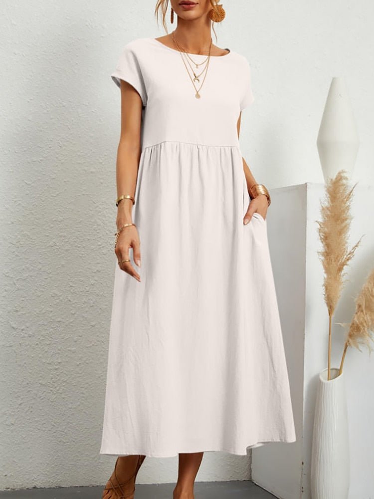Locker fallendes Sommerkleid Damen in Weiß mit Kurzarm und Taschen