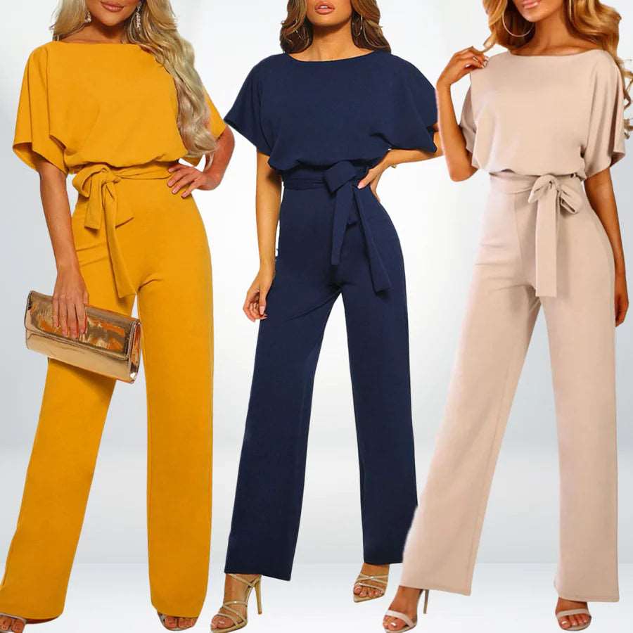 Eleganter Damen Jumpsuit mit Gürtel und weitem Bein in Gelb Blau Beige
