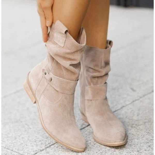Beige Damen Stiefeletten aus Wildleder mit flachem Absatz und lässigem Design