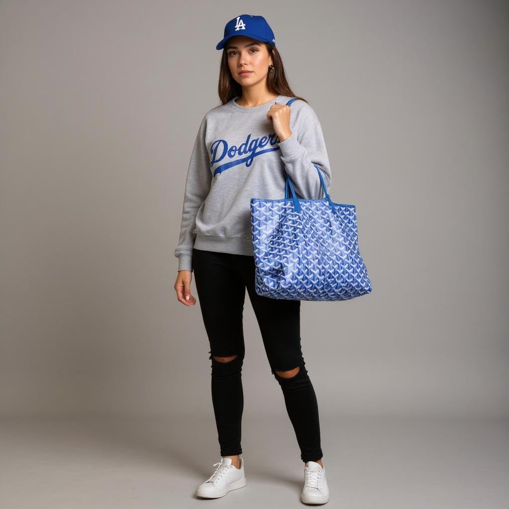 Blaue Tote Bag mit weißen geometrischen Mustern und langen Henkeln, vor hellem Hintergrund schwebend dargestellt.