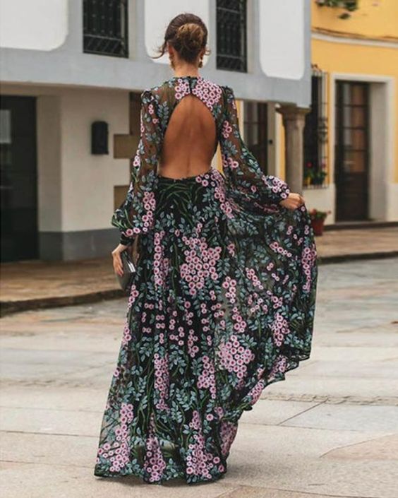 Langes Abendkleid mit Blumenmuster – elegantes Maxikleid mit Rückenausschnitt und transparenten Ärmeln für Sommer, Hochzeit und besondere Anlässe