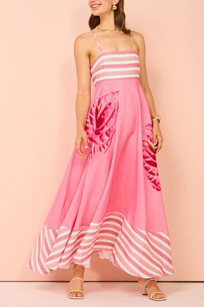 50% RABATT | Bloomari™ | Rückenfreies Streifen-Blumen Maxi Trägerkleid