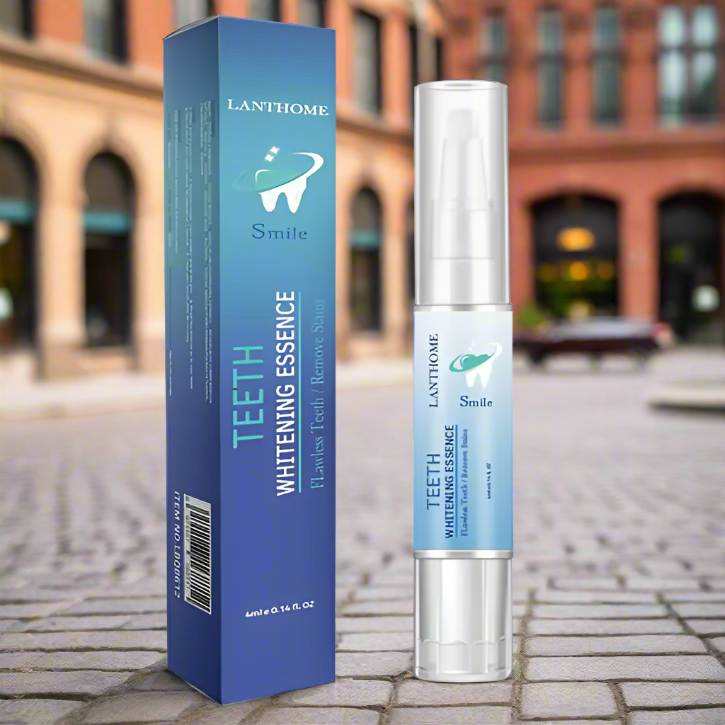 Nahaufnahme von strahlend weißen Zähnen mit Aufhellungsstift für ein perfektes Lächeln