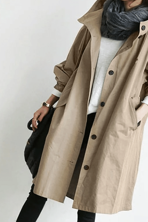 Damen Trenchcoat beige mit Kapuze – leichter Übergangsmantel mit Knöpfen und Taschen, eleganter Herbst- und Frühlingsmantel für Alltag und Büro