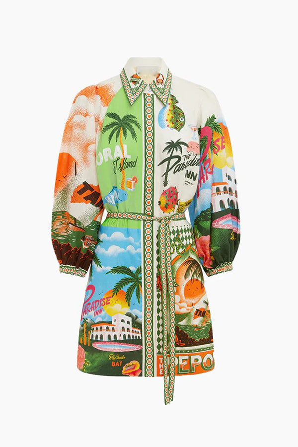 SirenaPop™ | Sommer Leinenkleid mit Gürtel & Print