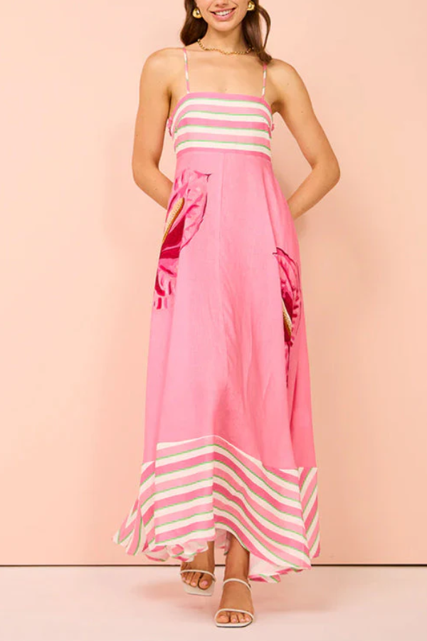 50% RABATT | Bloomari™ | Rückenfreies Streifen-Blumen Maxi Trägerkleid