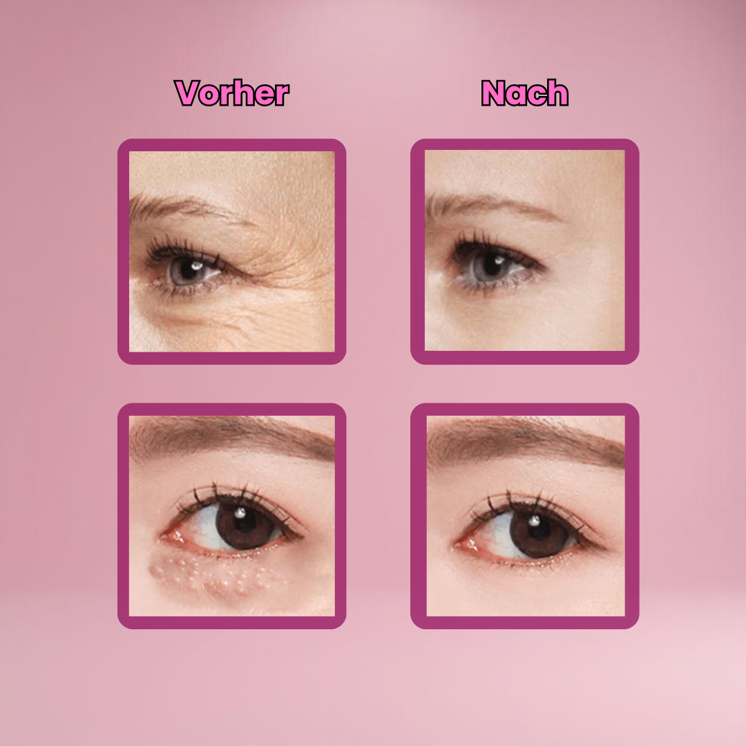 Braunes Glasgefäß mit schwarzem Deckel und Etikett, beschriftet mit 'Snake Venom Peptide Brightens Eye Cream – Moisturize Eye Skin', vor rosa Hintergrund schwebend dargestellt.
