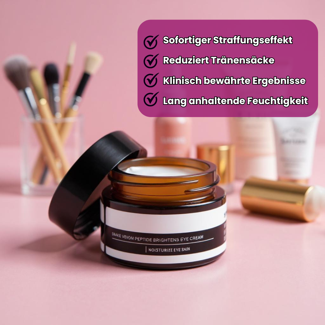 Braunes Glasgefäß mit schwarzem Deckel und Etikett, beschriftet mit 'Snake Venom Peptide Brightens Eye Cream – Moisturize Eye Skin', vor rosa Hintergrund schwebend dargestellt.