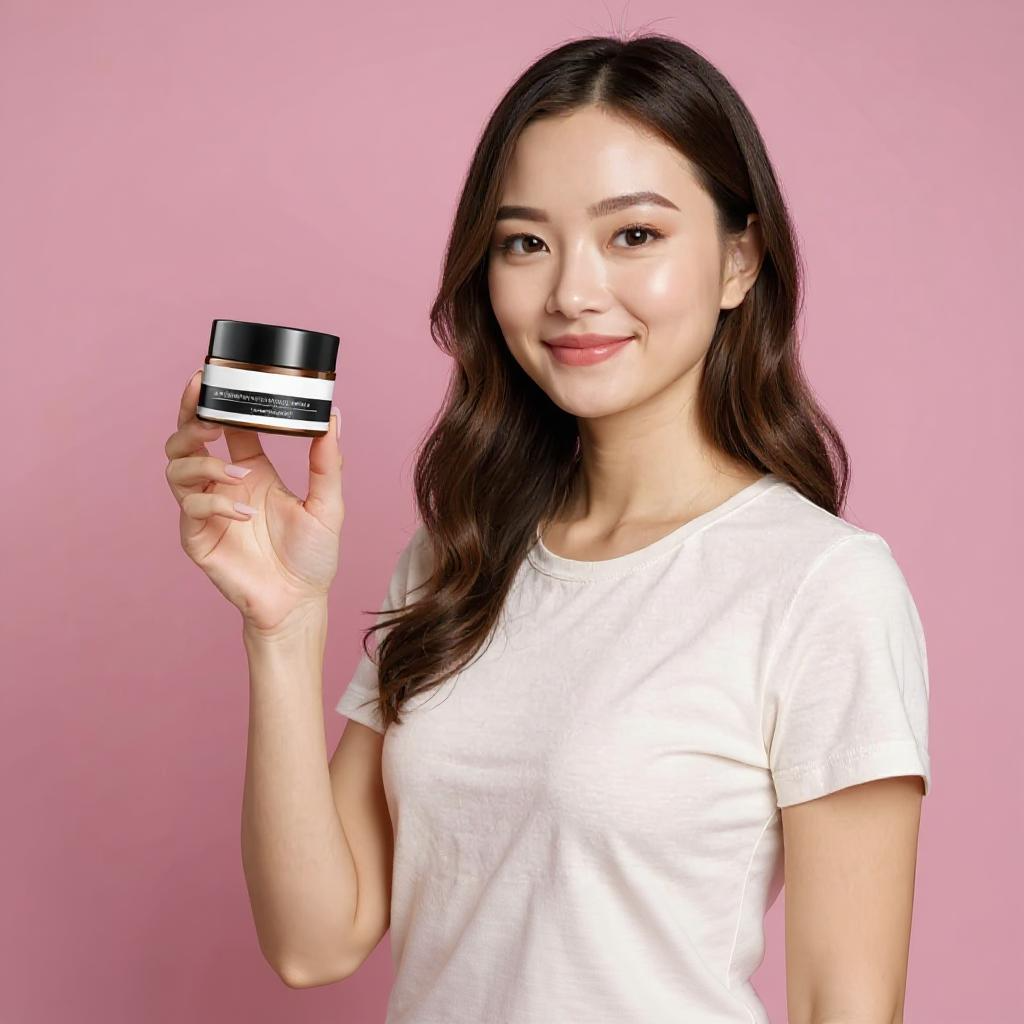 Braunes Glasgefäß mit schwarzem Deckel und Etikett, beschriftet mit 'Snake Venom Peptide Brightens Eye Cream – Moisturize Eye Skin', vor rosa Hintergrund schwebend dargestellt.