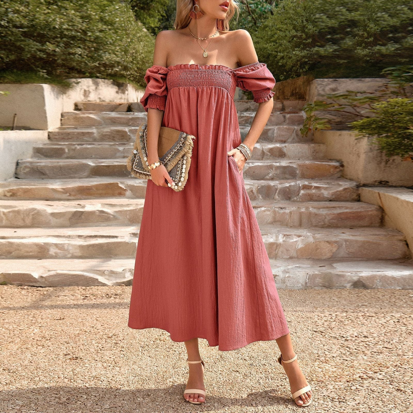 50% RABATT | Bohdalia™ | Boho Maxikleid mit Bardot-Ausschnitt & Smock-Detail
