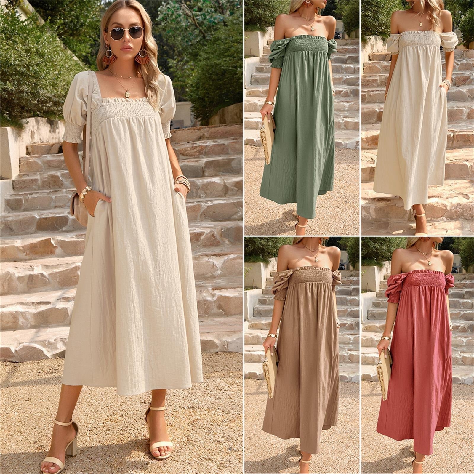 Bohdalia™ | Boho Maxikleid mit Bardot-Ausschnitt & Smock-Detail