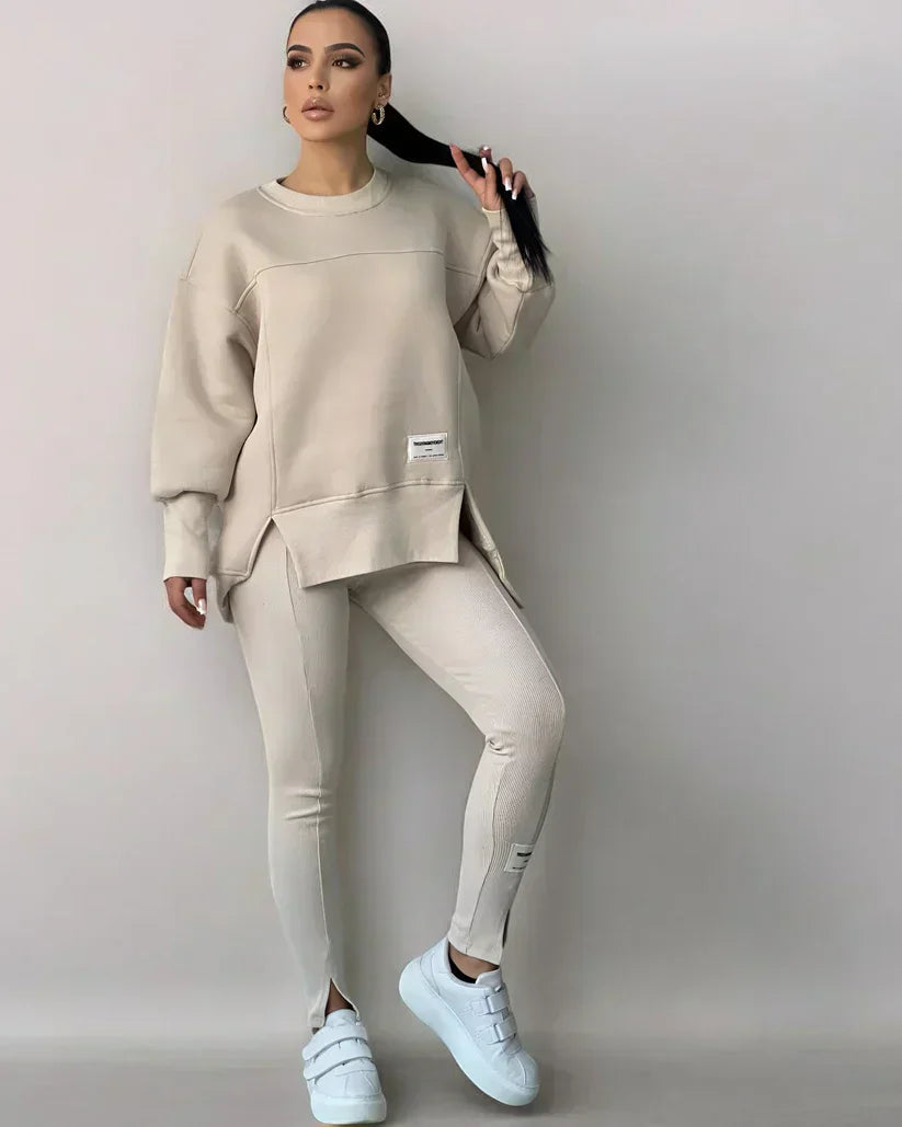 Damen Jogginganzug in Beige, zweiteiliges Set mit Oversize Sweatshirt und Leggings, bequeme Freizeitkleidung für Sport und Alltag