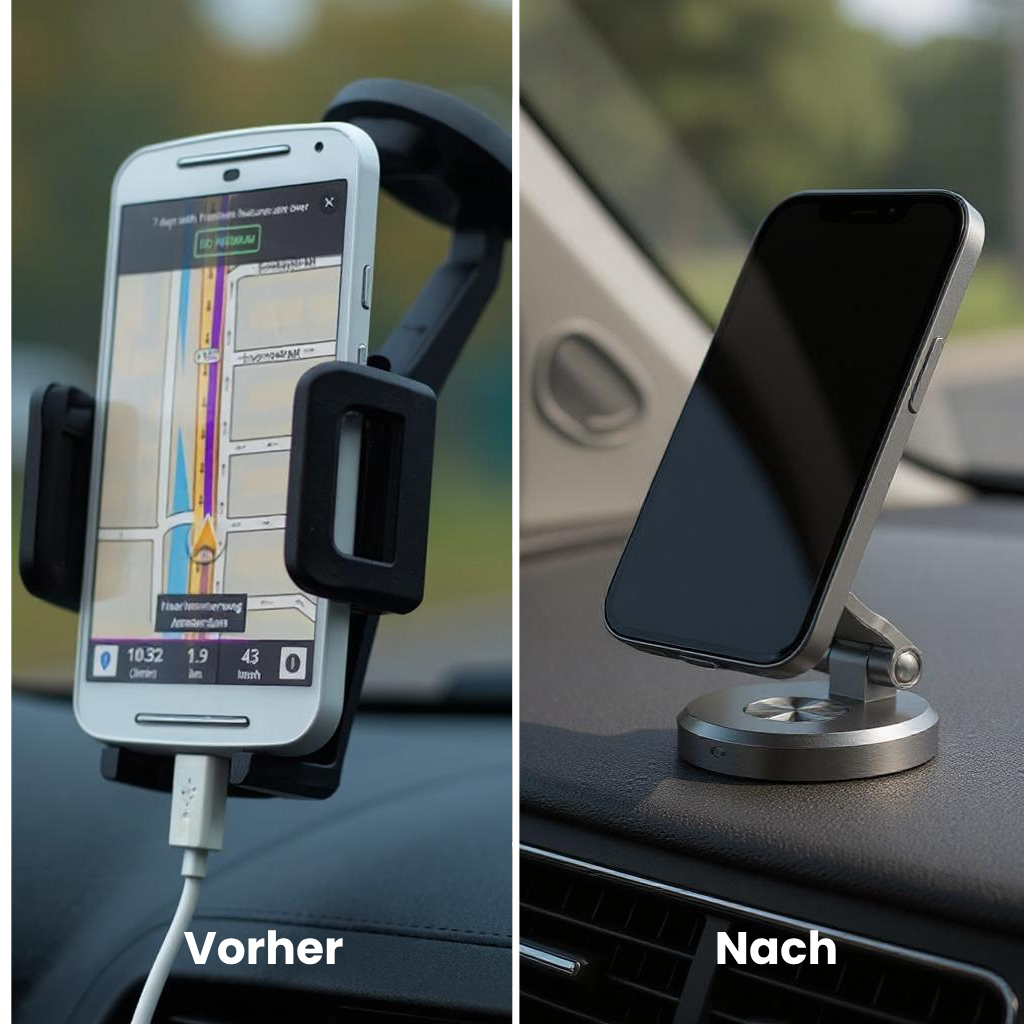 Vorher-Nachher-Vergleich: herkömmlicher Kunststoff-Handyhalter versus moderner magnetischer Aluminium-Handyhalter fürs Auto – elegante und stabile Lösung für sichere Smartphone-Navigation