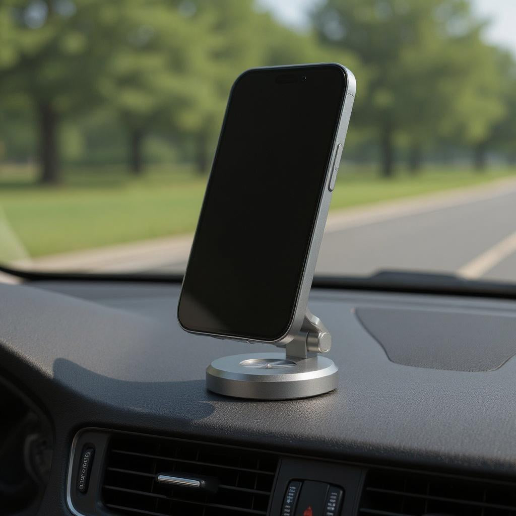 Eleganter magnetischer Handyhalter aus Aluminium auf dem Armaturenbrett, ideal für sicheres und stabiles Smartphone-Navigieren im Auto