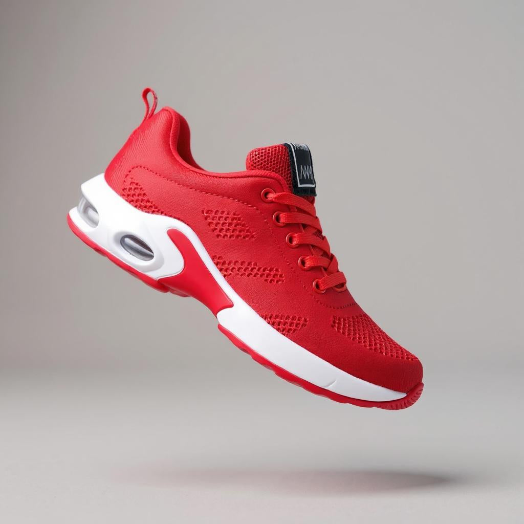 Roter Sportschuh mit atmungsaktivem Mesh-Obermaterial, weißer Sohle und sichtbaren Luftpolster-Elementen, schwebend vor neutralem Hintergrund dargestellt.