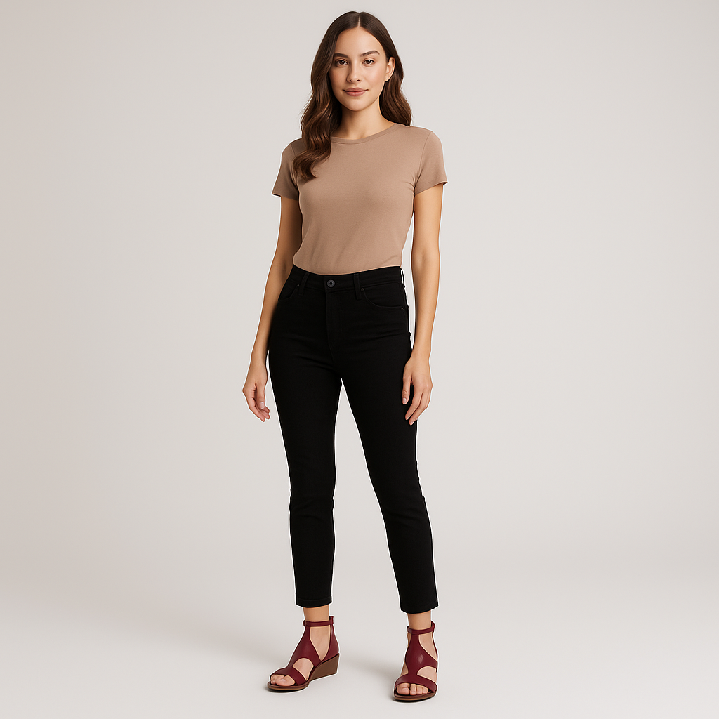 Woman wearing red/brown shoes/sandal