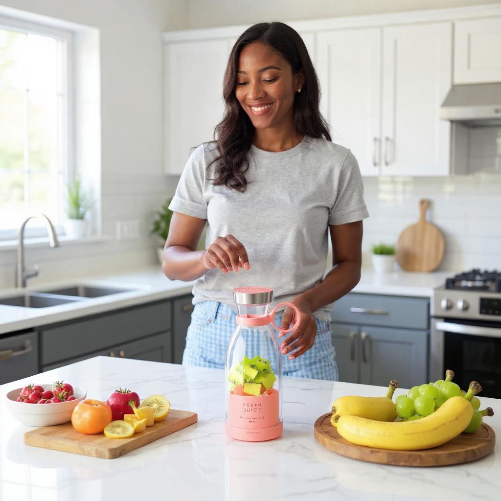 Frau in moderner Küche bereitet mit einer rosa Fresh Juice Flasche aus Glas und Edelstahl frischen Saft aus Kiwi und Wassermelone zu – tragbare 300-ml-Saftflasche für unterwegs
