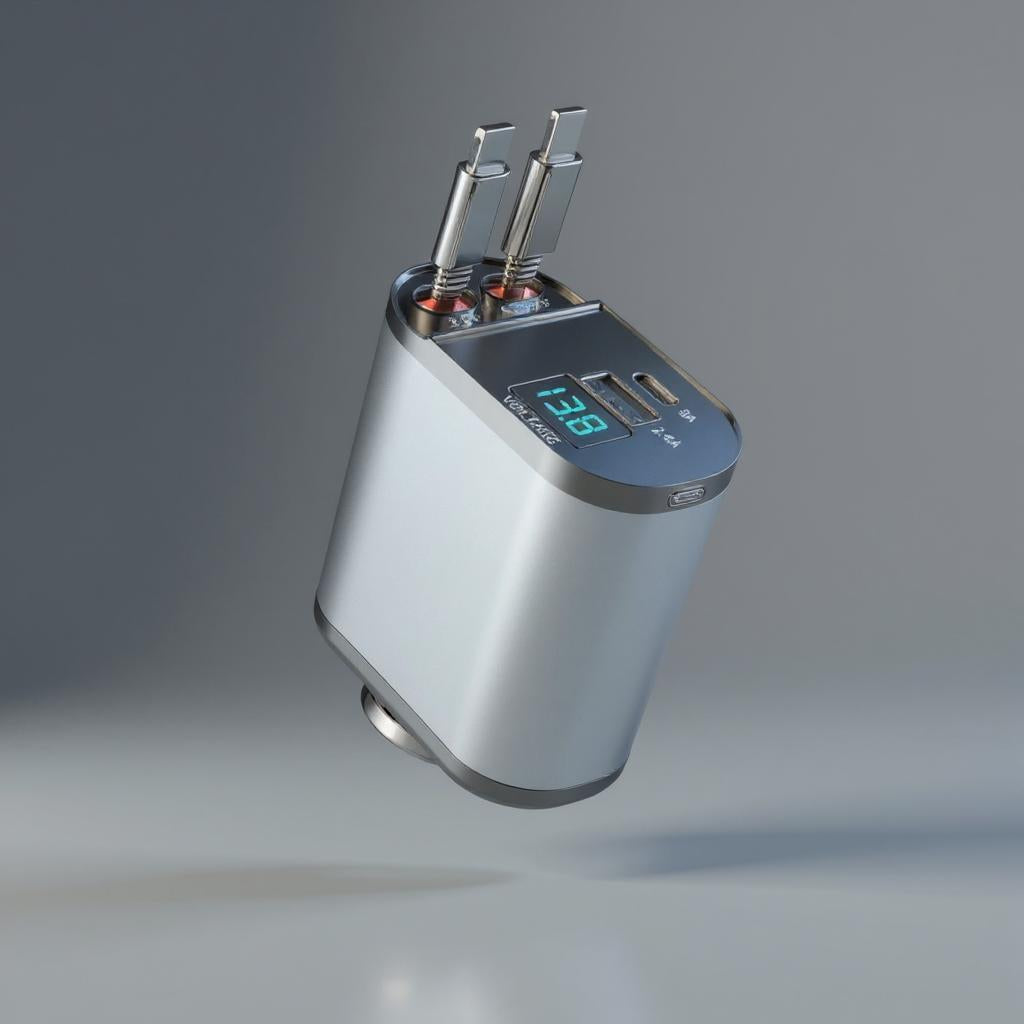 Moderner Auto-Ladeadapter mit zwei ausziehbaren Kabeln, 180° verstellbarem Design und integriertem Überhitzungs- sowie Überspannungsschutz, im Zigarettenanzünder-Anschluss eines Fahrzeugs installiert