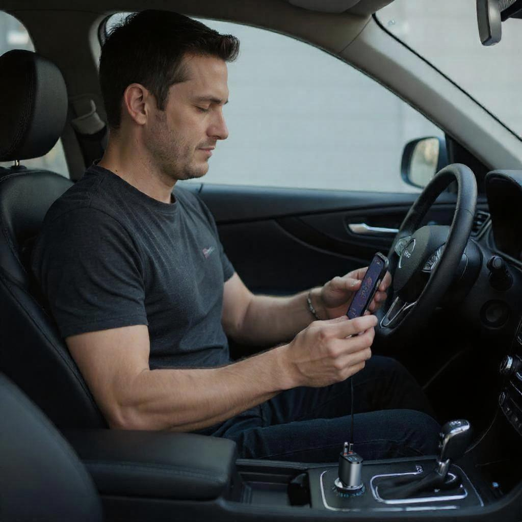 Moderner Auto-Ladeadapter mit zwei ausziehbaren Kabeln, 180° verstellbarem Design und integriertem Überhitzungs- sowie Überspannungsschutz, im Zigarettenanzünder-Anschluss eines Fahrzeugs installiert