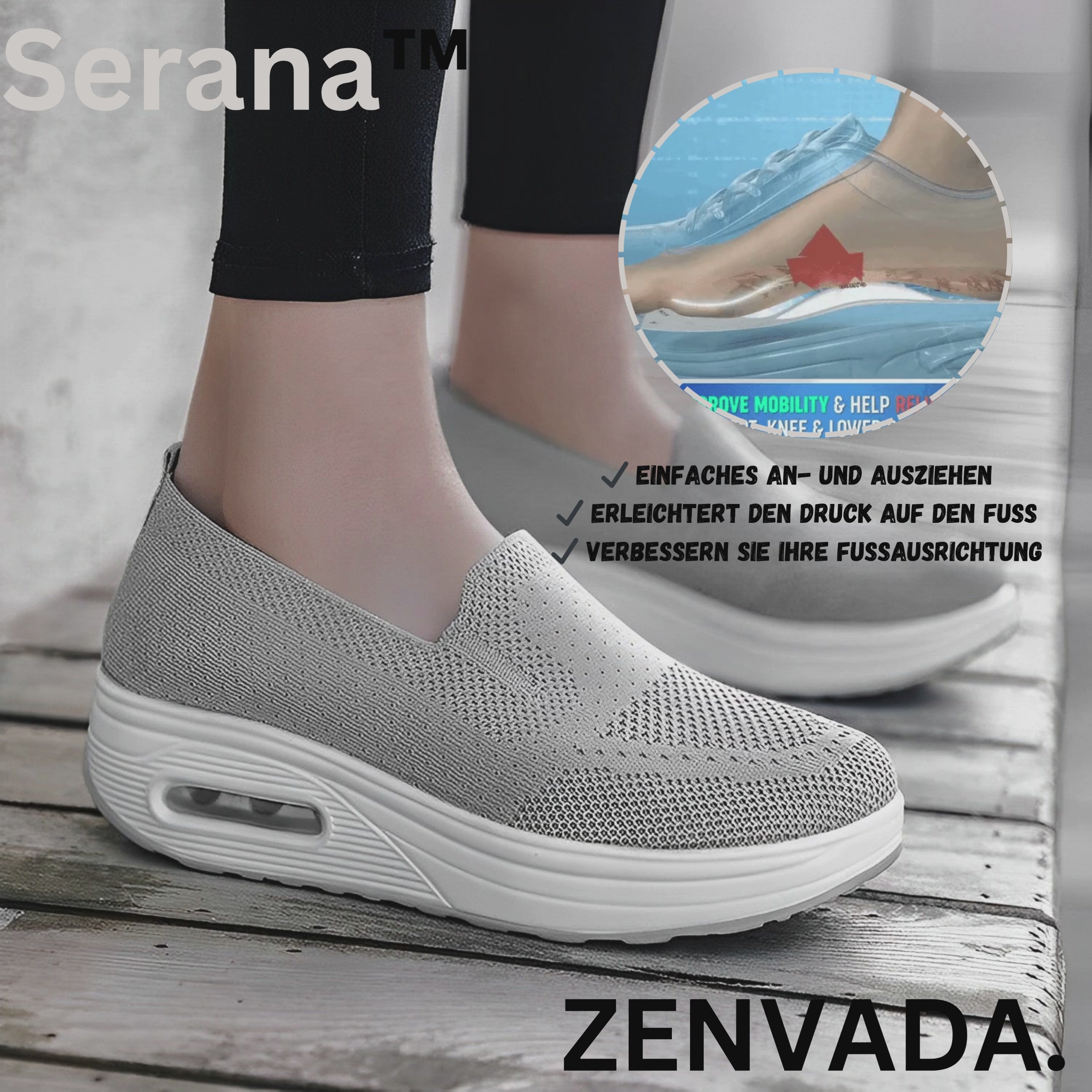 Graue Damen-Slip-On-Sneaker mit dicker Sohle und Luftpolster, atmungsaktiv und bequem