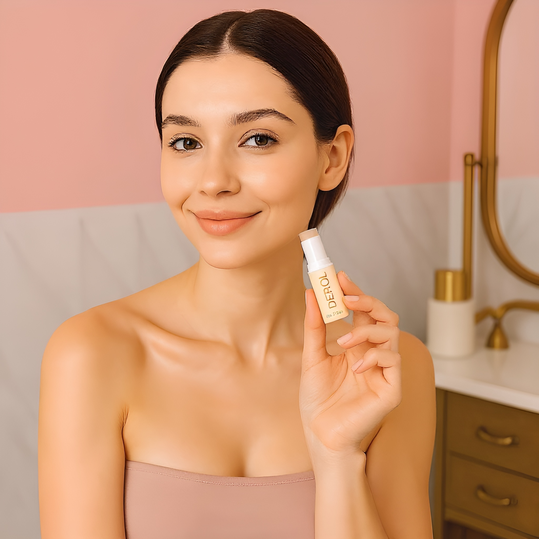 DEROL multi balm stick in peach packaging with orange lettering, hydrating skincare balm for face, lips, and body