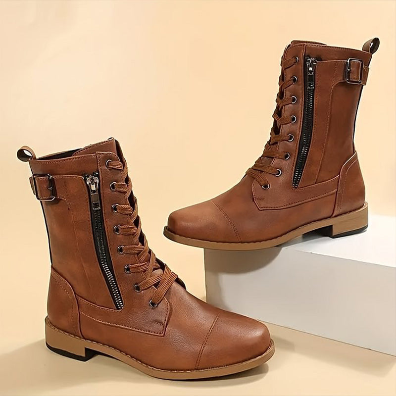 Braune Leder Combat Boots Damen – Schnürstiefel mit Reißverschluss und Schnalle, robuste Freizeitschuhe für Alltag und Streetwear